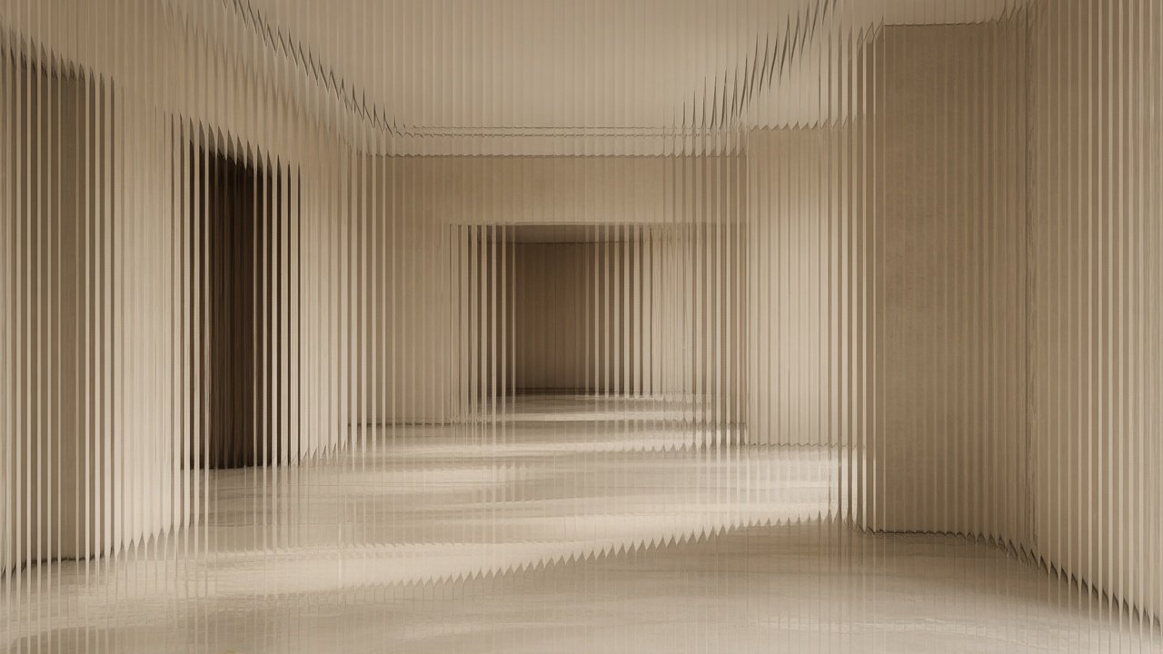 A quiet interior seen through a ribbed acrylic sheet